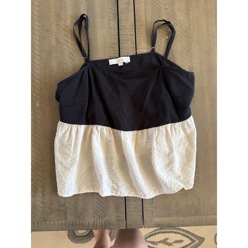 Loft Colorblock Peplum Camisole Top Black Cream Textured Sleeveless Size 14